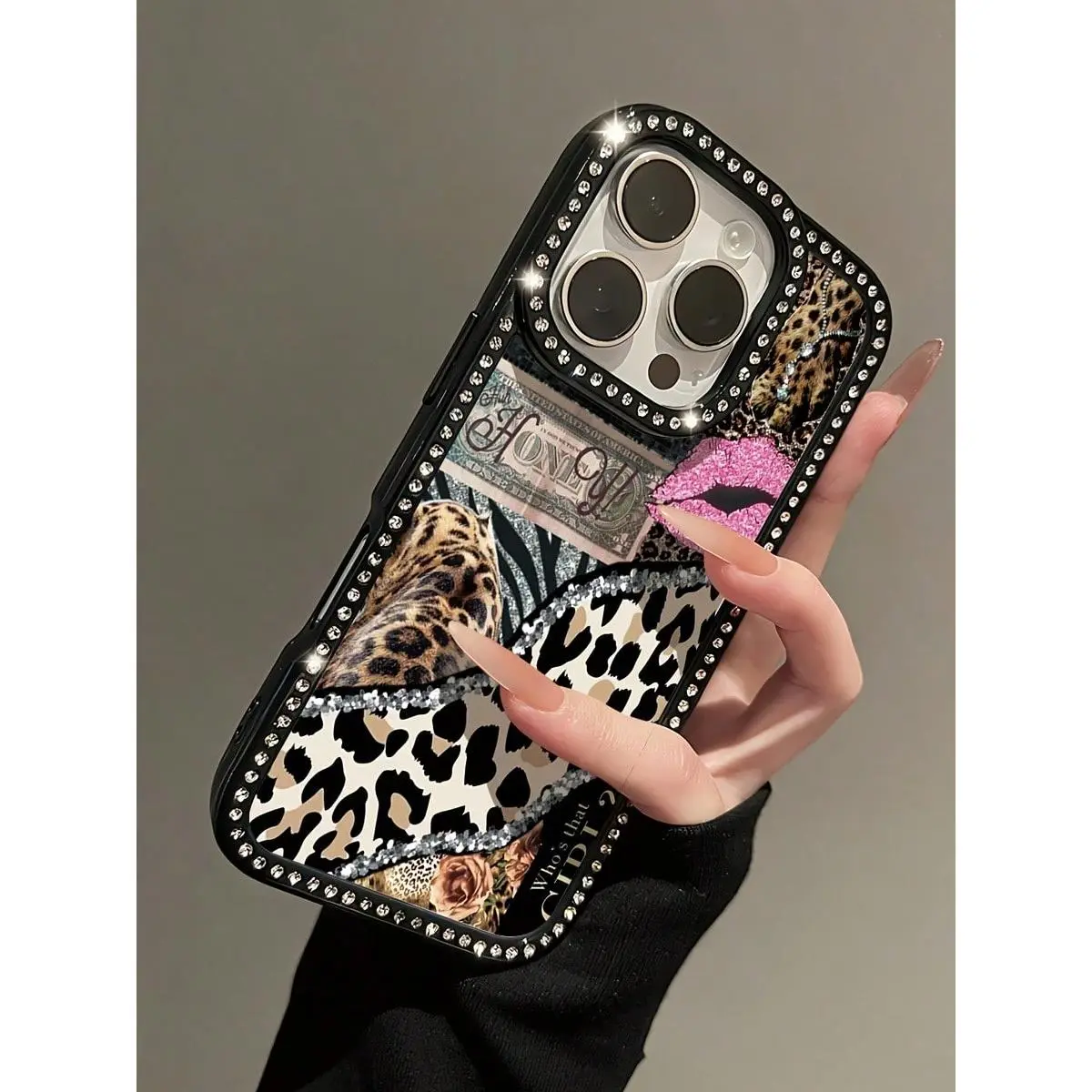 Luxury Glam Animal Print Phone Case with Dollar Rhinestones, Transparent Black Full-Cover Phone Accessory, Hyperrealism Style1 Design, Anti-Yellowing, Eco-Friendly, Drop-Proof, Waterproof, Shockproof, Scratch-Resistant, Ideal for Photo Moments