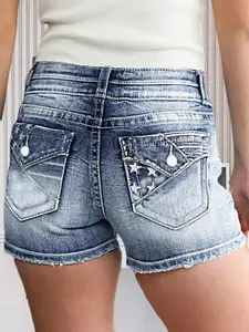 Women Casual High Waisted Denim Shorts Frayed Raw Hem Ripped Jeans Shorts Mid Rise Ripped Jean Shorts Stretchy Folded Hem Hot Short Jeans pant flare