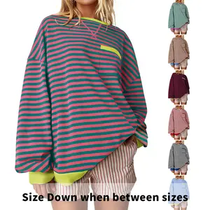 【Up To 3XL】Womens Oversized Striped Sweatshirt Drop Shoulder Crewneck Loose Pullover Long Sleeve Tops Casual Cozy Pocket Sweaters jumper Winter Womenswear