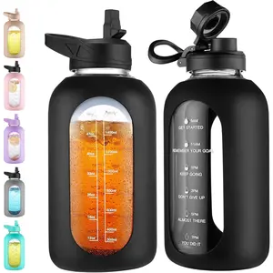 CIVAGO 64 oz Glass Water Bottle Jug with Straw and Handle, Half Gallon Sports Motivational Water Bottle with Time Marker, Wide Mouth Flask Canteen with Silicone Sleeve for Gym, Black