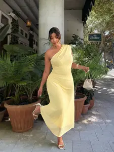 ZENIE Elegant Mesh Solid Color Round Neck Pleated A Line Long Sleeve Maxi Dress Light Yellow Formal Office Vacation Party Vintage Teacher Style