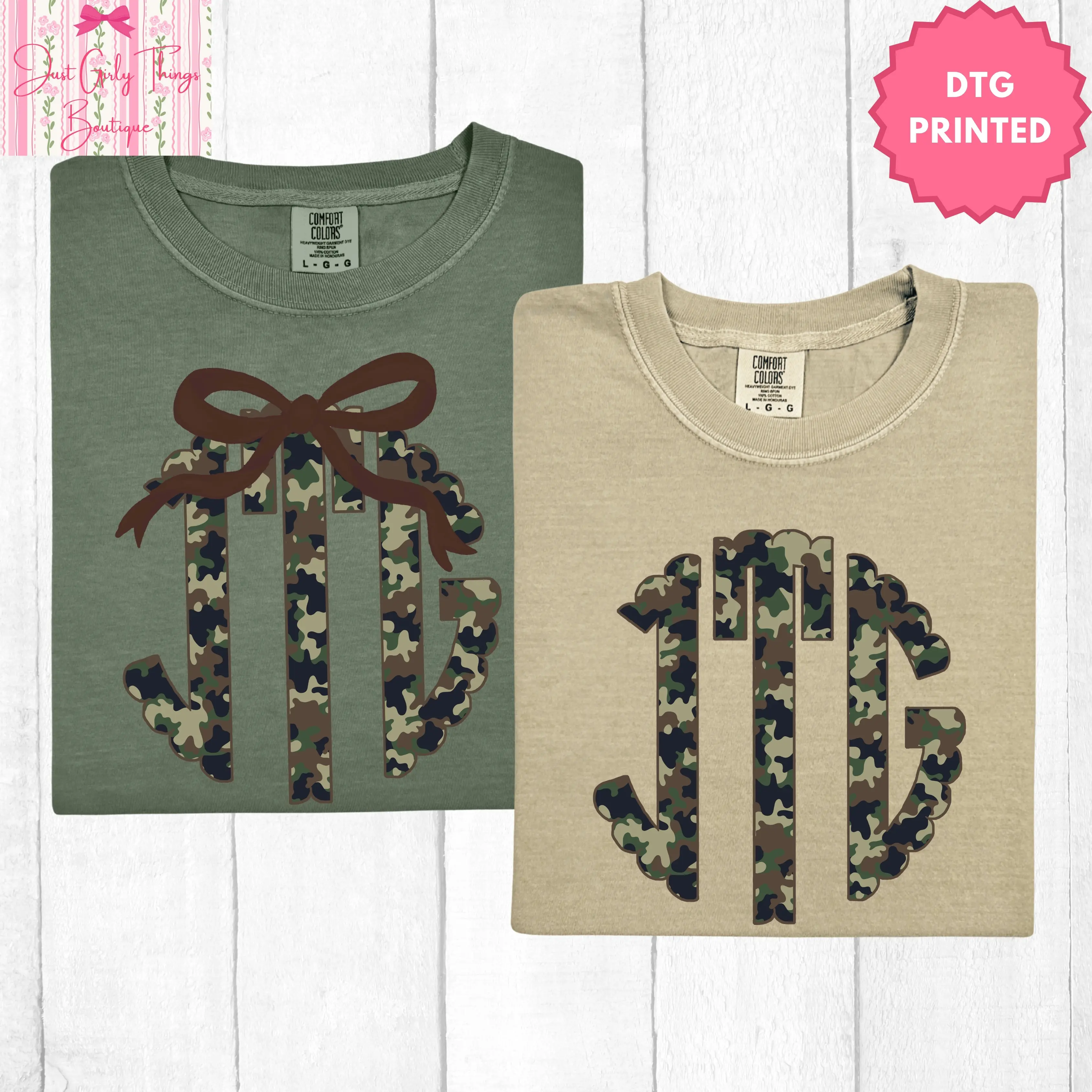 Custom Camo Monogram Shirt ~ (Leave First Name Initial, Last Name Initial, Middle Name Initial in Notes at Checkout), Coquette Bow Monogram Tee, Custom Name Shirt, Personalized Name Shirt, Custom Monogram Shirt, Camouflage Monogrammed Shirt