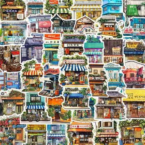 Japanese Style House Series Sticker, 50pcs Waterproof Decorative Sticker, DIY Decals for Phone Case, Laptop, Notebook, Helmet, Skateboard
