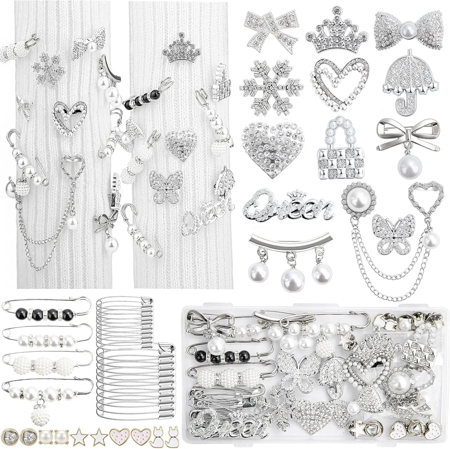 Silver Shoe Charms for Sneakers, Junk Socks Charms Kit, Brooches and Pins for Women, Pearl and Rhinestone Sock Charm with Safety Pins,DIY Accessories for Decorating and Personalizing Socks