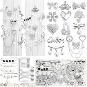Silver Shoe Charms for Sneakers, Junk Socks Charms Kit, Brooches and Pins for Women, Pearl and Rhinestone Sock Charm with Safety Pins,DIY Accessories for Decorating and Personalizing Socks