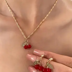 Sweet Cherry Necklace and Earring Set with Red Cherries and Gold Chain