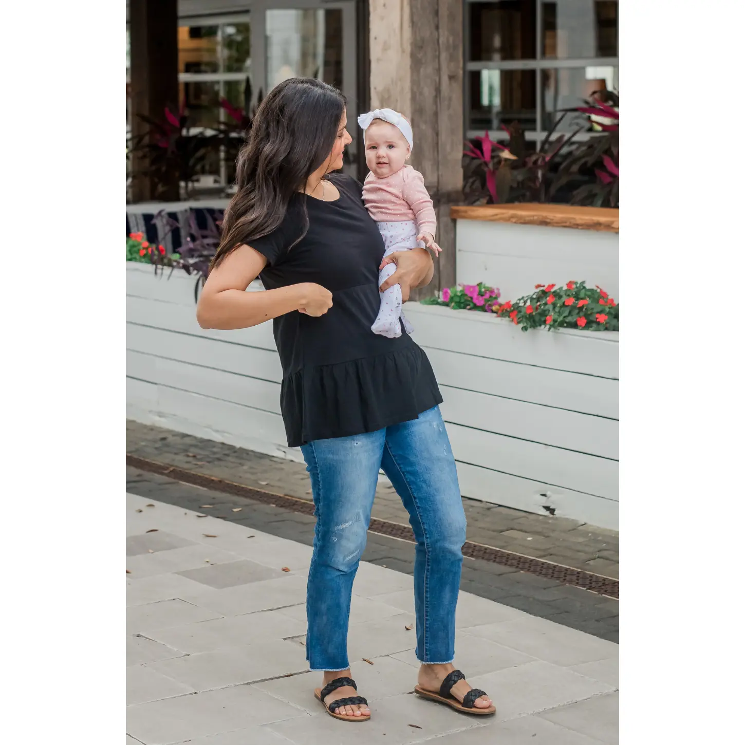 Cotton Nursing Top - Ruffle Black, Short Sleeve, Round Design, Casual Style, Ideal for Nursing and Daily Wear