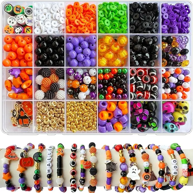 Cozy Fall Halloween Gift 1970Pcs Halloween Bracelet Kit, Halloween Beads for Bracelets Jewelry Making Orange Black White Purple Polymer Clay Beads Pumpkin Evil Eye Skull Bead with Ghost Spider Charms for DIY Craft Earring