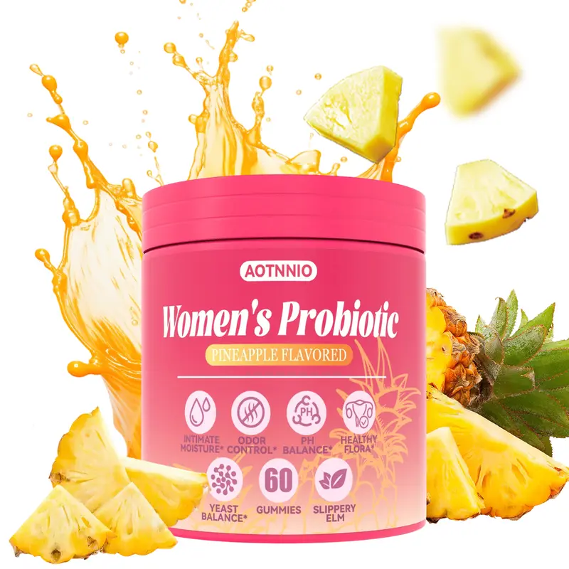 Women's Probiotics Gummies - Pineapple Flavor Support pH Balance & Immune with Slippery Elm, Prebiotics & Lactobacillus, Vegan, Gluten-Free, 60 Gummies