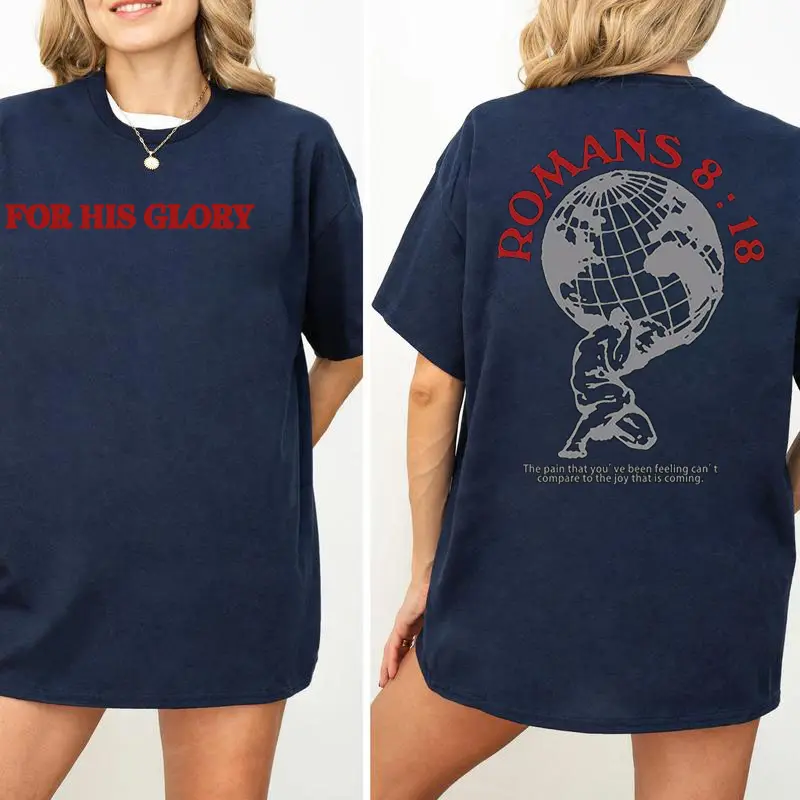 Women's Christian Printed Crewneck Short-Sleeve T-Shirt - For His Glory Roman 8:18 2-Sides Tee, Casual Unisex Religious Bible Quote Top