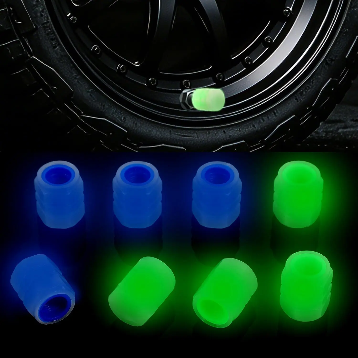 8PCS Fluorescent Glow-in-the-Dark Tire Valve Stem Caps, Universal Auto Decoration Accessories for Cars, SUVs, Trucks (Blue/Green)