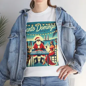 "Celebrate the Holidays in Style with Our Santa Claus in Santo DomingoT-Shirts—The Perfect Blend of Beach and Christmas Cheer!" Casual Comfort Cotton Fabric Fit Tee Top Womenswear, menswear, Dominican Republic, Santa sweater