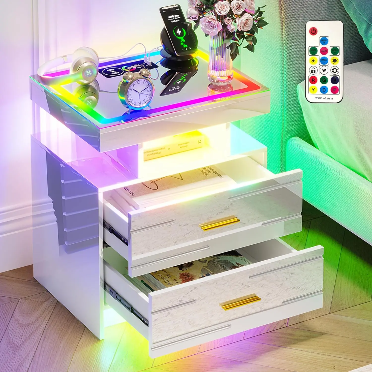 Lvifur RGB Nightstand with Wireless Charging Station, LED Night Stand with Motion Sensor Lights, Smart Bedside Table with Changing Strip Lights with Remote,High Gloss Side Table/Glass Top