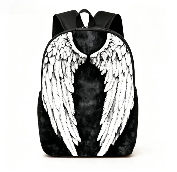 A Unisex Backpack Featuring Angel Wings, Designed to Be Lightweight And Spacious, Equipped with Adjustable Shoulder Straps And Side Pockets. Perfect for Everyday Use, Commuting, And Various Activities. Great for Hiking, Climbing, And Adventures