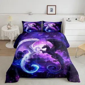 Black White Dragon Comforter Set,Nebula Star Glitter Bedding Set for Kids Teens Couple Adults Room Decor,Western Magical Wildlife Quilt Set,Animal Purple Duvet Insert