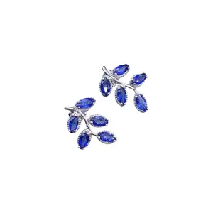 Natural Blue Sapphire Leaf Earrings, Sapphire Cluster Stud Earrings Platinum