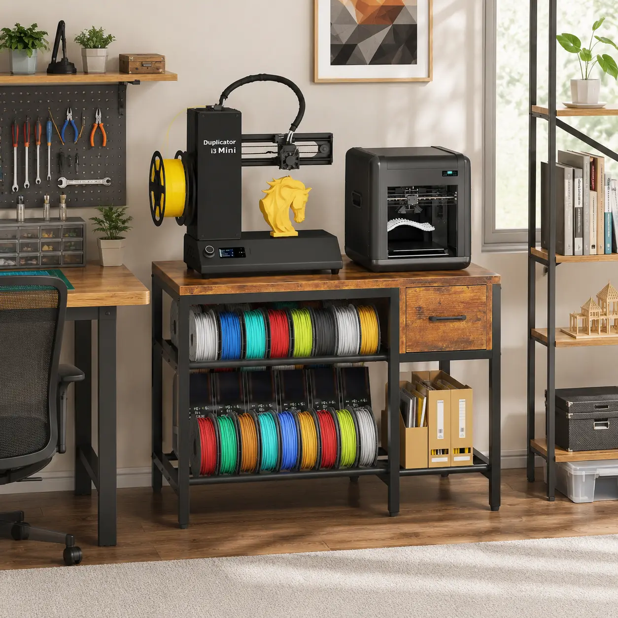 39.4-Inch 3D Printer Stand with Built-In Power Strip, 2 AC Outlets & 2 USB Ports, Large Wood Workbench with Drawer, Filament Storage Shelves and Reinforced Steel Frame for Maker Studio, Workshop or Craft Room