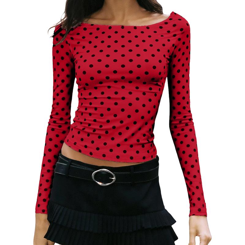 Women's Dot Print Crop Top | Fall Long Sleeve Crewneck Pullover, Casual Going Out Shirt