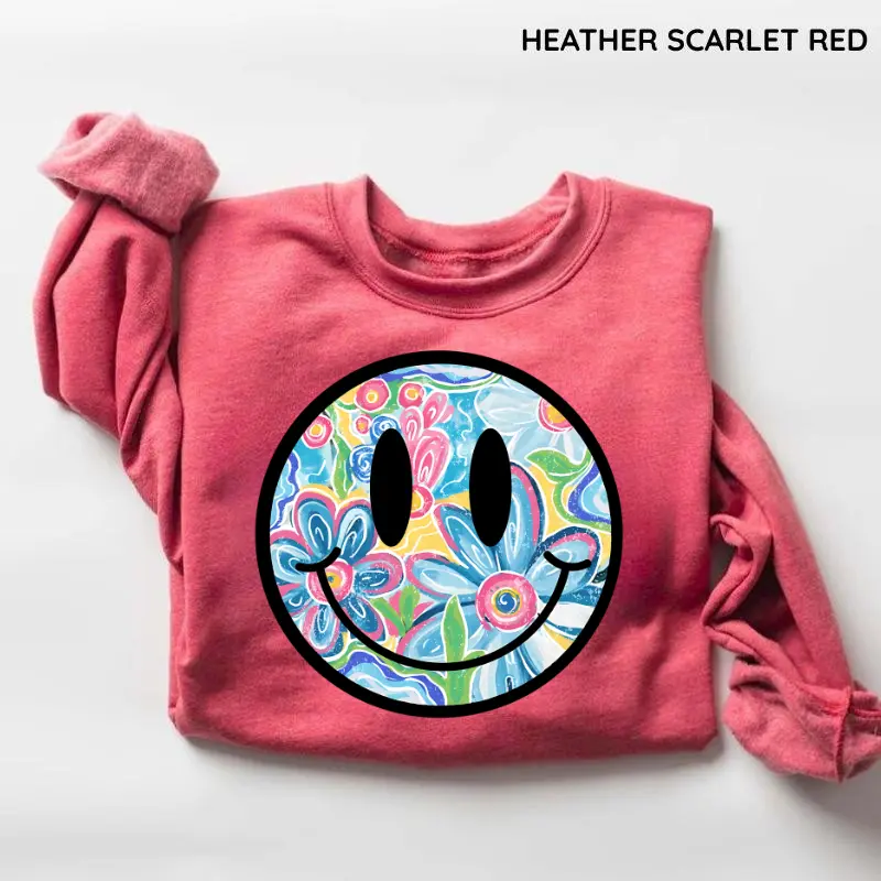 Smiley Floral Vibes Sweatshirt, Trendy Watercolor Daisy Crewneck, Cute Flower Graphic Pullover,Cozy Aesthetic Lounge Apparel,Cotton Top Womenswear