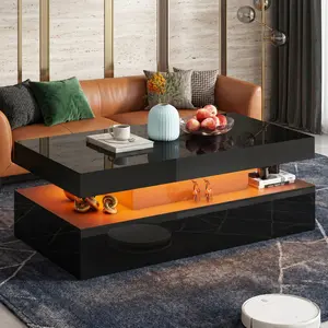 Modern LED Light Coffee Table, High Gloss Finish Rectangular Center Table, 2-Tier Open Storage Space Accent Table, Minimalist Contemporary Home Furniture, Stable Support Leisure Side Table, Multifunctional Decorative End Table for Living Room, Bedroom, Ap