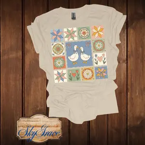 SkyGrace Women's T-Shirt with Colorful Patchwork Design Featuring Geese and Flowers for Casual Wear