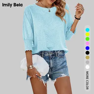 Imily Bela Essentials Women's 3/4 Sleeve Casual Tops Solid Color Crew Neck Loose Fit Shirts Blouses TikTokShopBlackFriday