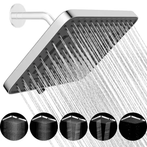 Hibbent 5 Spray Modes Shower Head, 13'' High Pressure Rain Shower Head, Square Large Rainfall Showerhead for Bathroom, High Flow Waterfall Fixed Showerheads with Adjustable Swivel Ball Joint, Chrome
