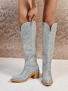 Women's Knee-High Sparkling High Heels, Shiny Blazer Collar Design, Comfortable Fashion Thick Sole Shoes, Elegant Evening Wear Footwear, Elegant Boots