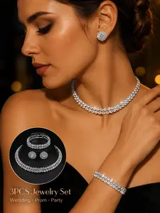 3PCS Silver Rhinestone Jewelry Set for Women, Sparkly Crystal Choker Necklace Bracelet and Stud Earrings Set, Wedding Prom Party Jewelry