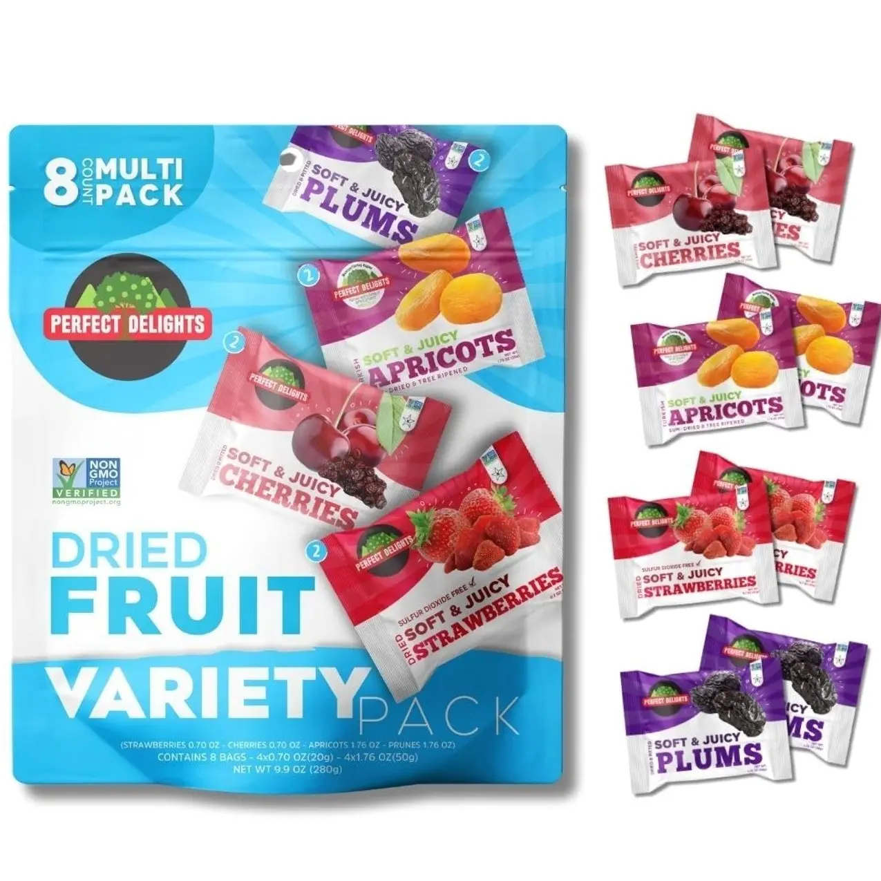 Perfect Delights Multipack Sun-Dried Fruits, Vegan, Healthy Snack Packs, Dried Fruits On-the-Go, Variety Fruit Pack For Kids & Adults, Apricots, Plums, Sour Cherries, Strawberries (8 Pack/ 2 of Each)