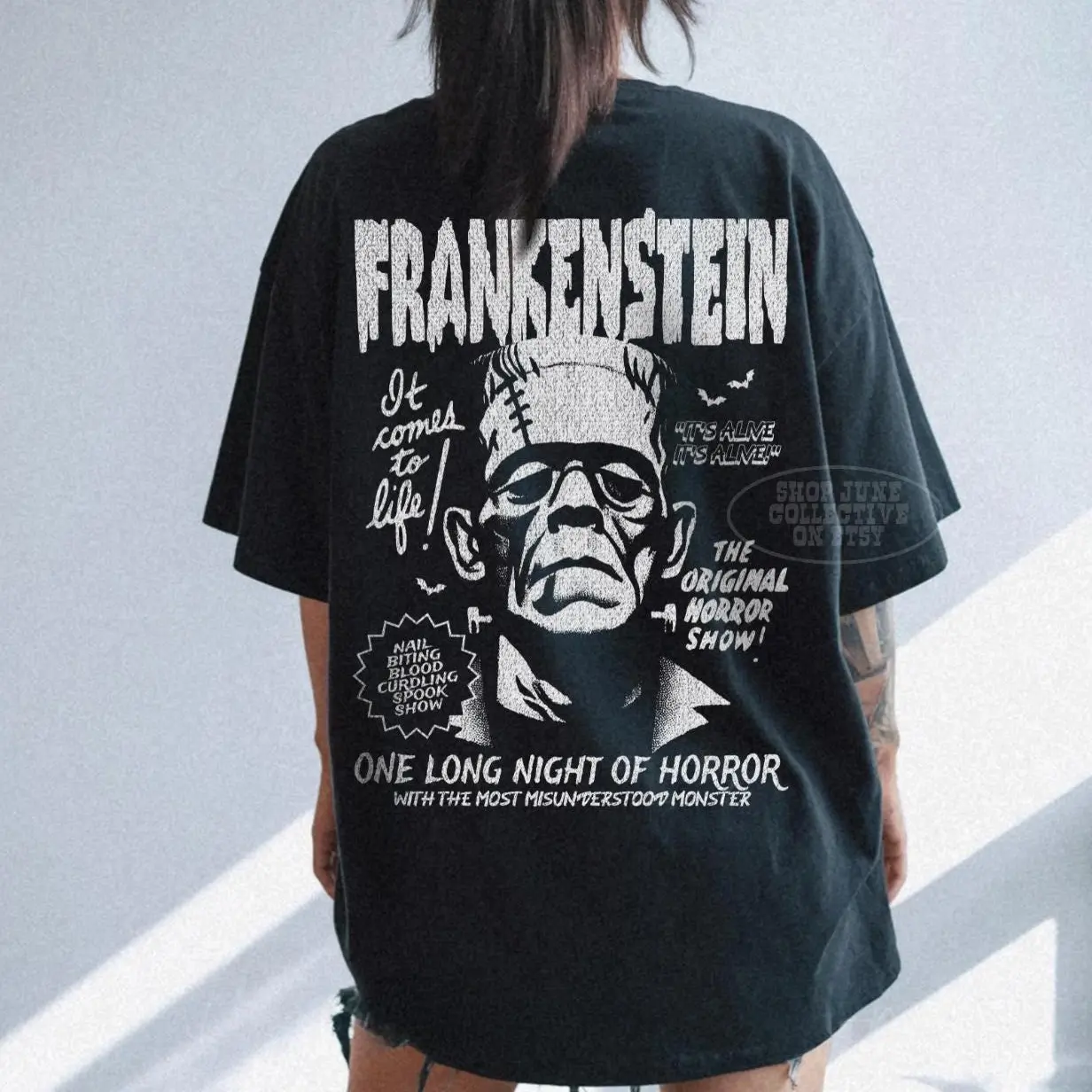 Men's Oversized Printed Frankenstein T-Shirt - Unisex, Loose Baggy Casual Vintage 90s Cult Classic Horror Movie Tee, Goth Lover Gift, Fright Night Grunge Monster Top