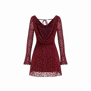 Cider Mesh Heart Boat Neck Bell Sleeve Flocking Mini Dress