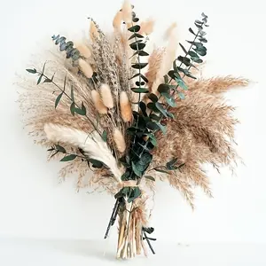 Silky Boho Chic Decorative Dried Flower Bouquet - Pampas Grass, Lavender, Eucalyptus Combo Plants, 100+ Pieces Brown Ornaments for Home Decor | Christmas Gift, Mother’s Day Present,summervibes