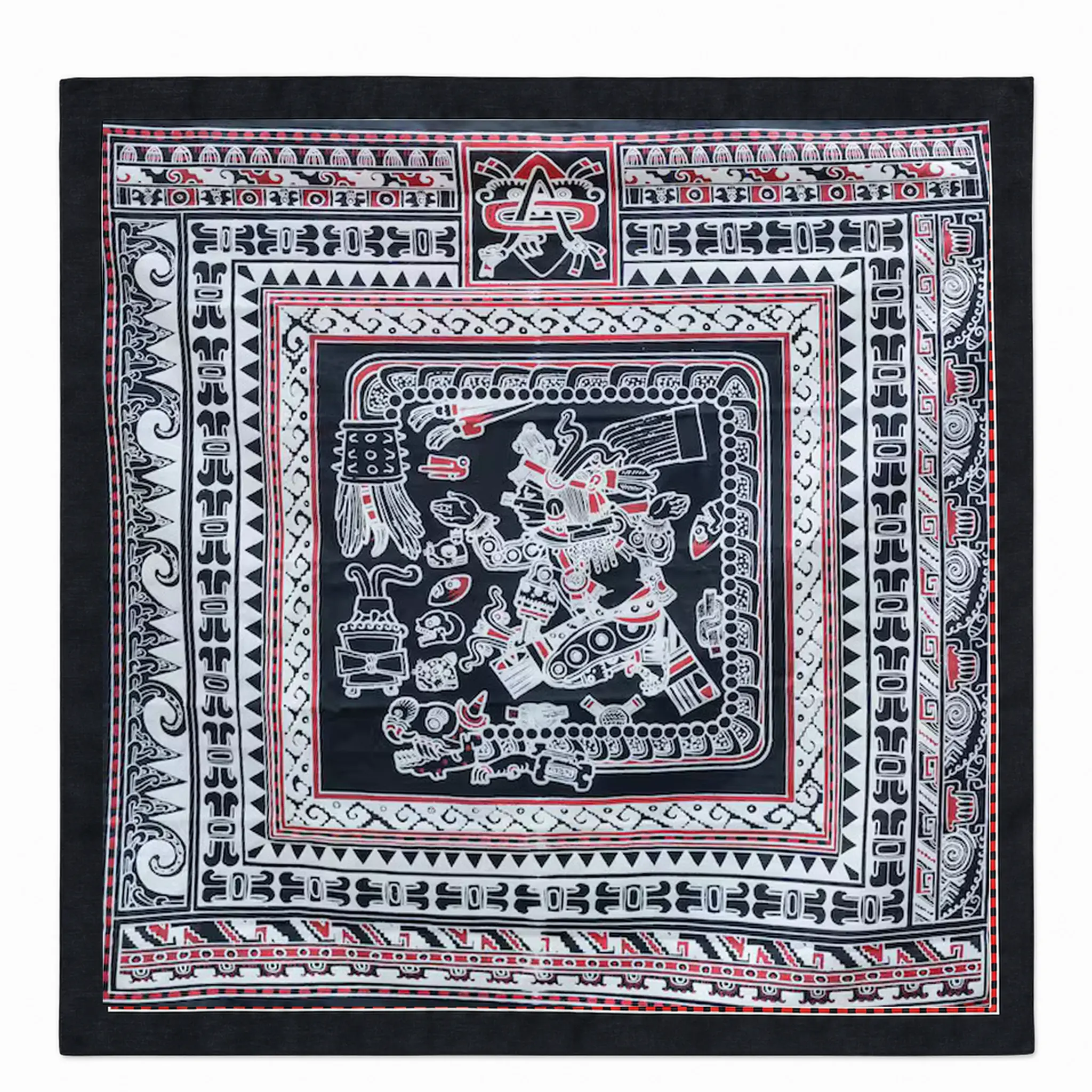 Aztec Codex Art Bandana - 23.62 in Large Size, Breathable Mexica Feathered Serpent Print, All Seasons Chicano Head Wrap & Neck Scarf, Mexican Heritage Accessory (Red, Black, Gold, Turquoise) for Everyday Use, Silk-Satin