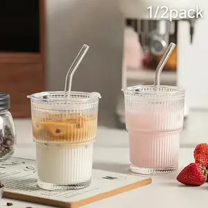 Viral Aesthetic 1/2 Pack Reusable Vertical Striped Glass Tumbler with Lid & Straw, Food Grade BPA Free Lead Free Dishwasher Safe Cup, Summer Essential Drinkware for Iced Coffee Smoothies Home Office Travel, Birthday Holiday Gift for Friends Family