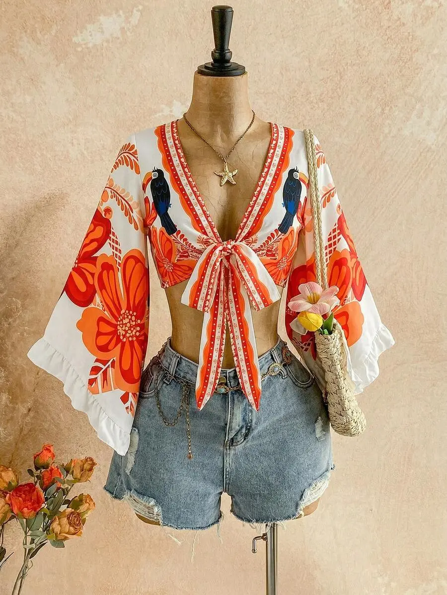 Casual Vacation Tie-Front Flare Sleeve Ruffle Cuff Leopard Print Shirt,Summer Top