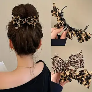 2pcs Fashion Versatile High-end Leopard Print Bowknot Bun Hair Claw Clip for Women Elegant Fixed High Ponytail Hair Clip Shark Clip