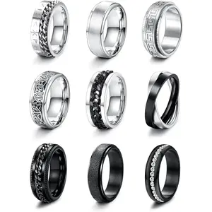 Men's and women's stainless steel rings - beveled edge, sizes 7-13, black strap, cool spinning ring