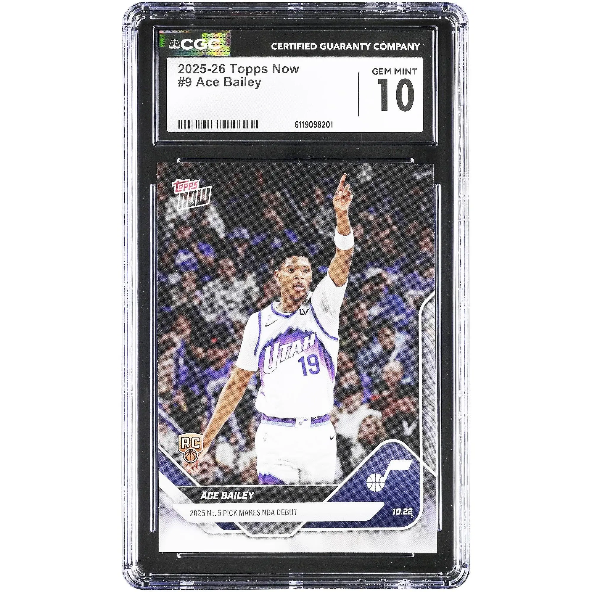 Ace Bailey Utah Jazz 2025-26 Topps Now NBA 2025 No. 5 Pick Makes NBA Debut #9 CGC Authenticated 10 Rookie Card