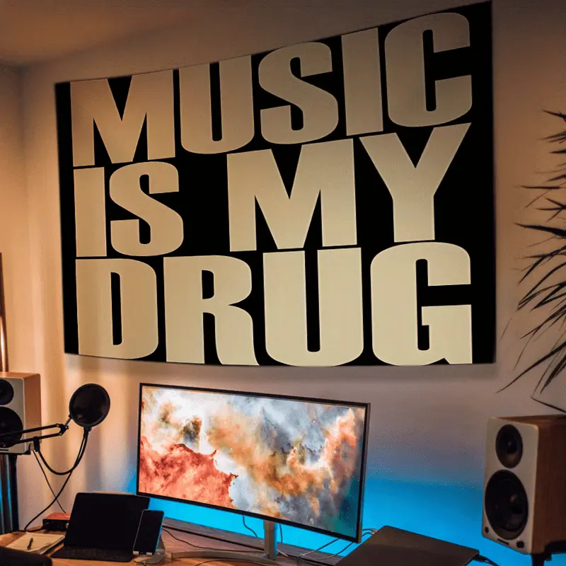 "Music is My Drug" Inspirational Tapestry - Bold Black and Gold Indoor Home Decor Wall Art, Lightweight Polyester, Machine Washable, Ideal for Bedroom, Perfect Gift, Indoors, Modern Art