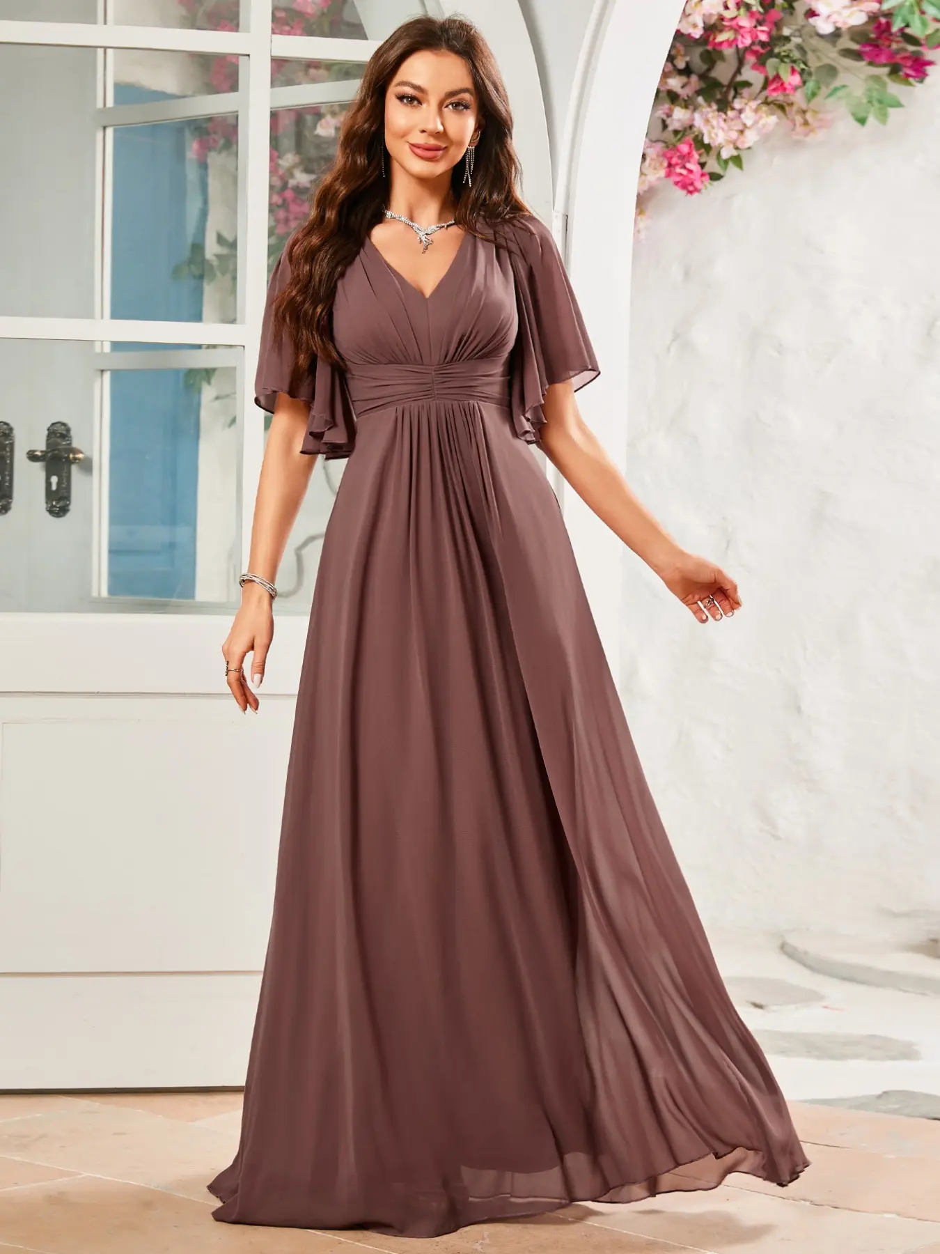 Elegant Chic V-Neck Flared Sleeve Lightweight Breathable Chiffon Fabric Fit Dress, Bridesmaid Gown with Pleated Chest Detail, Flowy A-Line Maxi Floor-Length Party Dress Womenswear
