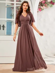 Elegant V-Neck Flared Sleeve Lightweight Chiffon Dress, Bridesmaid Gown with Pleated Chest Detail, Flowy A-Line Maxi Floor-Length Party Dress