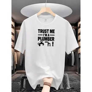 Summer t Shirts Men's Plumbing-Themed T-Shirt with "Trust Me I'm a Plumber" Slogan & /Wrench Print - Moisture-Wicking Breathable Short Sleeve Tee for Plumbers, DIY, Casual Wear (Black/Gray/Blue/Navy/White) - All-Season Fit
