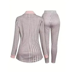 Fashion Women's Two-Piece Set - Zippered Long Sleeve Suit Jacket and High-Waisted Slim-Fit Pants with Chic Houndstooth Print Design for a Stylish, Elegant Look
