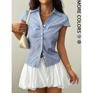 Women’s summer blue striped button-up shirt with a tailored slim-waist design and flared sleeves; fashionable collared top suitable for casual wear GARMENTARY