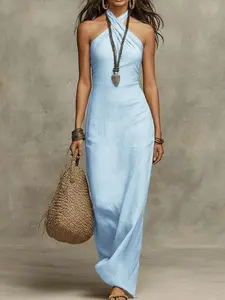 2026 New European and American Style Women's Slim Fit Fashion Solid Color Elegant Sleeveless Halter Dress, Trendy and Stylish Clothing