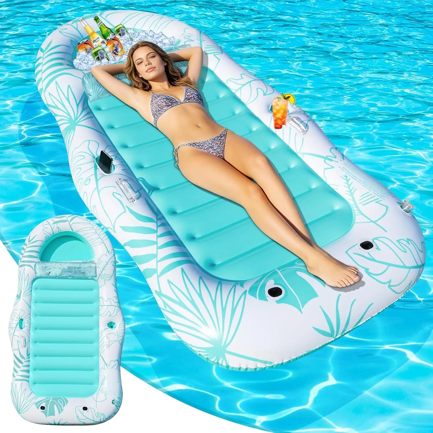 Adult Inflatable Pool Float Lounge 87" x 47" Extra Large Tanning Pool Float with Cooler Cup Holders & Headrest Floating Pool Raft Lounger for Sunbathing Beach Lake & Summer Pool Parties