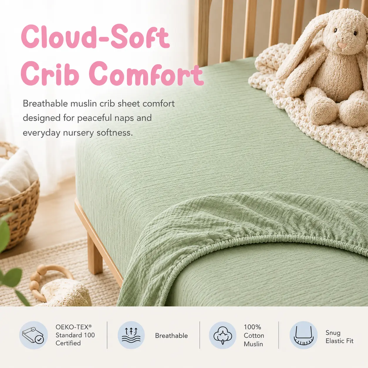 Muslin Fitted Crib Sheets 2 Pack, 100% Cotton Soft Breathable Baby Crib Sheets for Boys and Girls, Fitted Toddler Bed Sheets for Newborn Infants Toddlers, Standard Crib Mattress 52 x 28 Inch, Neutral Nursery Bedding Set