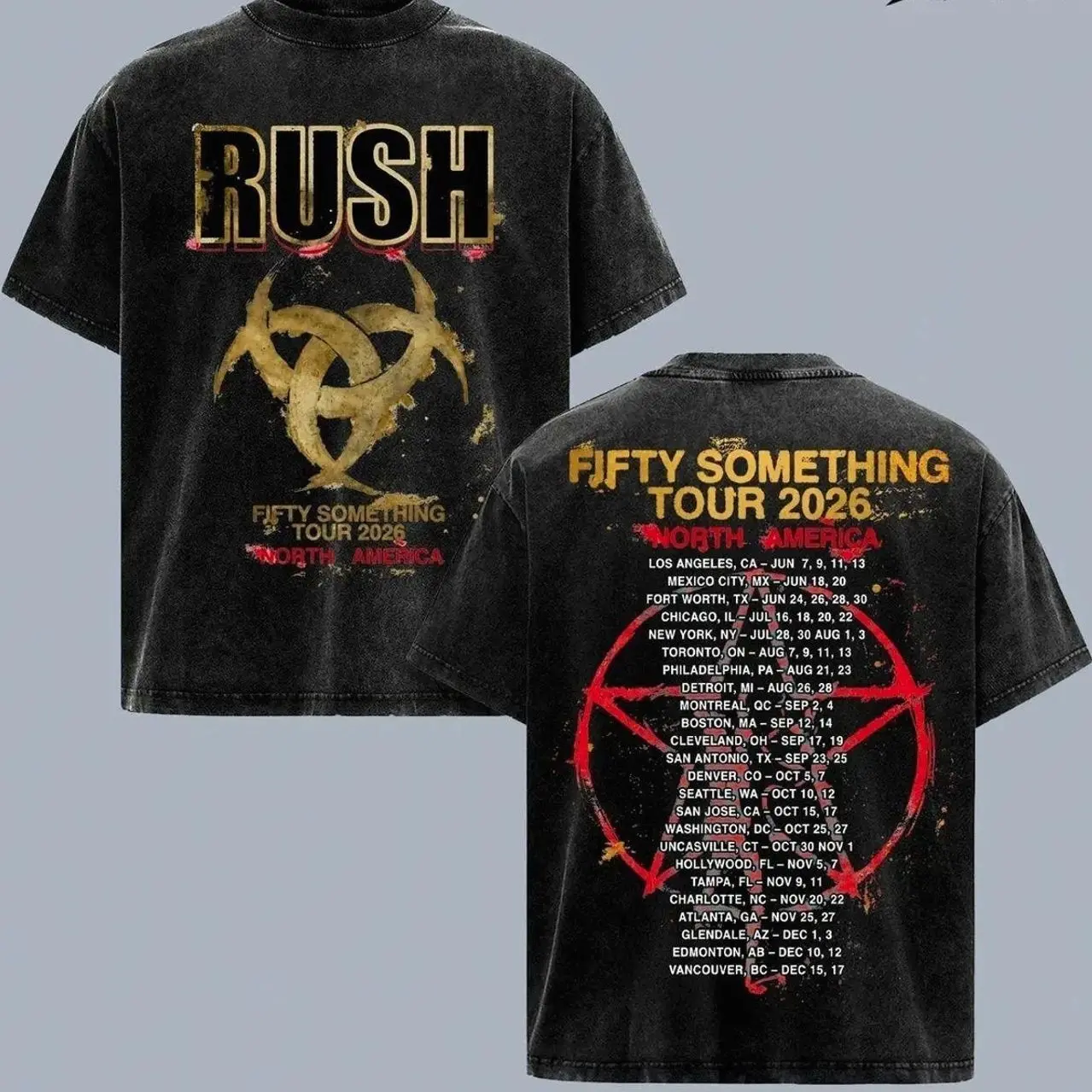 Rush Fifty Something Tour 2026 Vintage T-Shirt Graphic Tee Double Sided Concert Merch North America Tour Dates Pentagram Design Oversized Streetwear Unisex Rock Fan Gift Summer Outfit, Gift for Girlfriend 6TK T9C