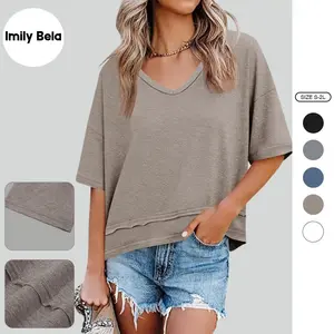 Imily Bela Womens Summer V Neck T Shirts Casual Short Sleeve Flowy Tops Cute Loose Fit Basic Tees SpringStatements